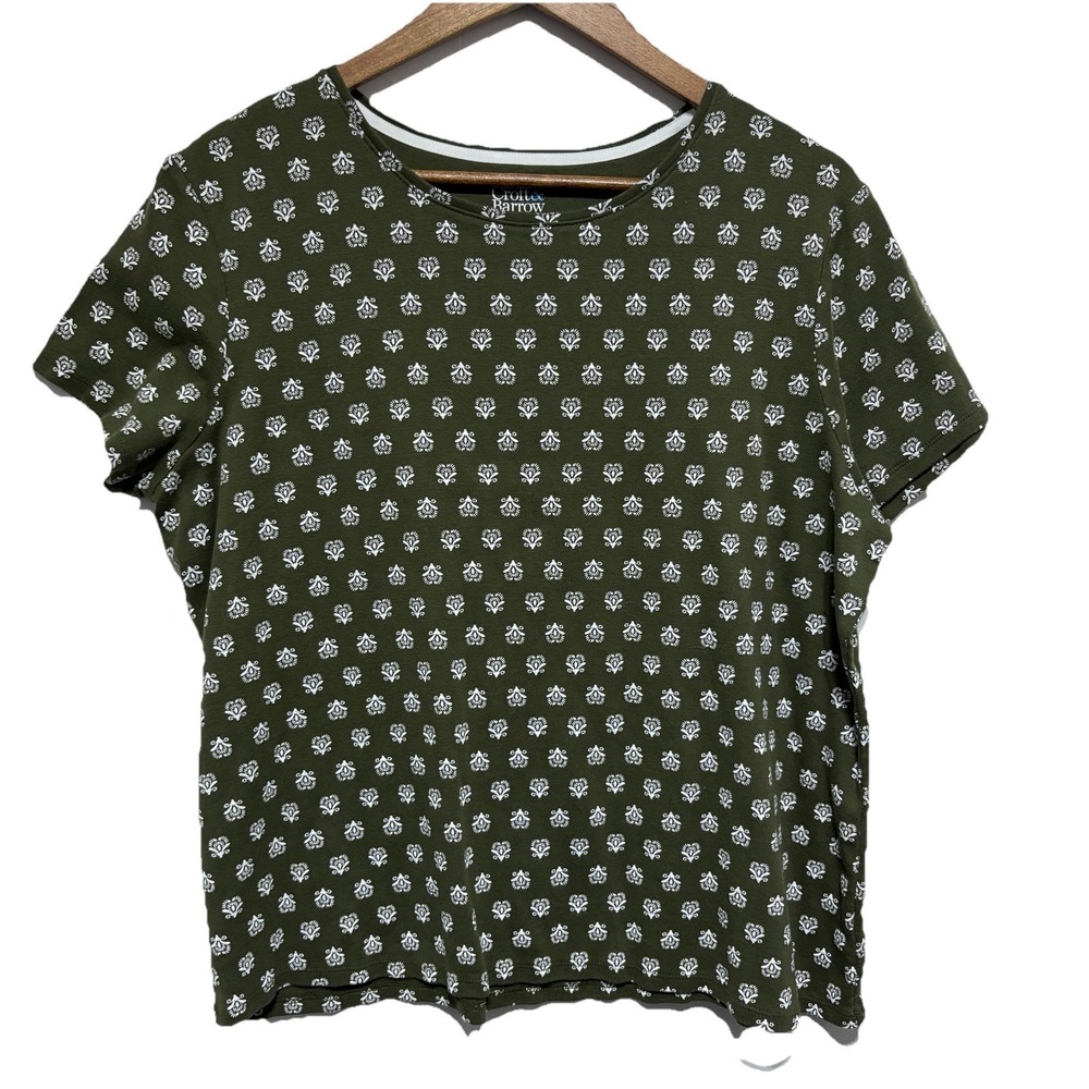 Croft Barrow TShirt Women XXL Petite Green Geometric Short Sleeve Cotton Classic